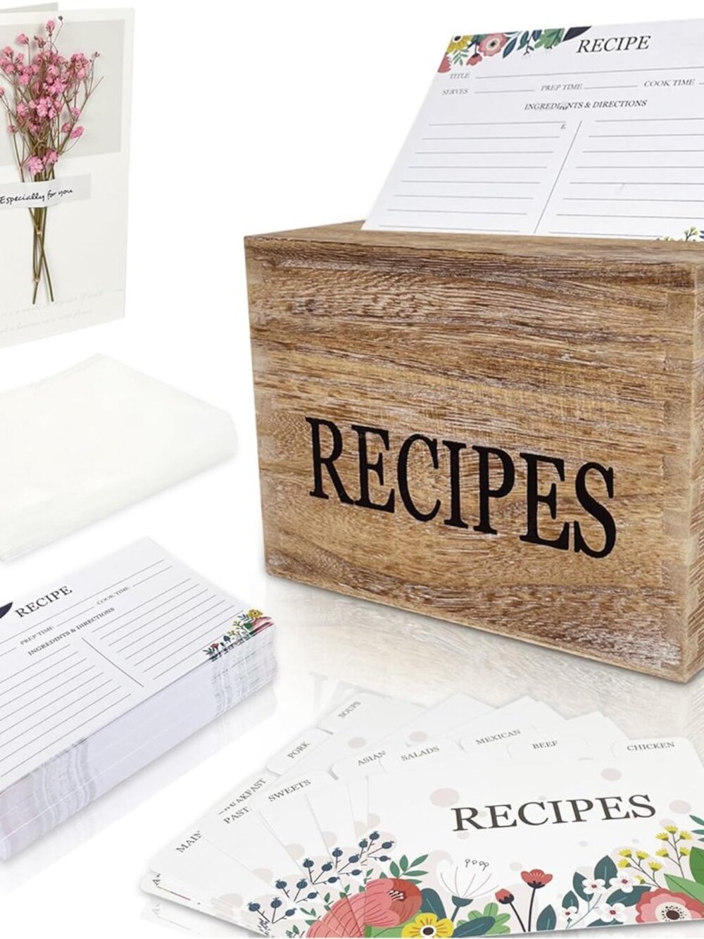 Recipe Box,100 Recipe Cards with Dividers,100 Card Protectors,Rustic Wood Box Or